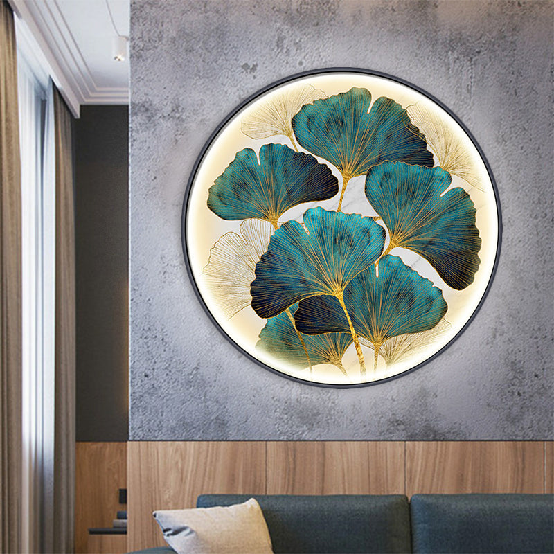Circular Ginkgo Leave Wall Lighting Asia Style Metal LED Tearoom Wall Mural Sconce in Green/Yellow-Green Clearhalo 'Wall Lamps & Sconces' 'Wall Lights' Lighting' 1781315