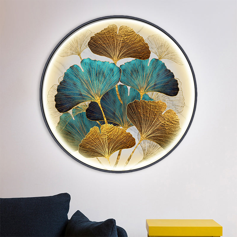 Circular Ginkgo Leave Wall Lighting Asia Style Metal LED Tearoom Wall Mural Sconce in Green/Yellow-Green Yellow-Green Clearhalo 'Wall Lamps & Sconces' 'Wall Lights' Lighting' 1781318
