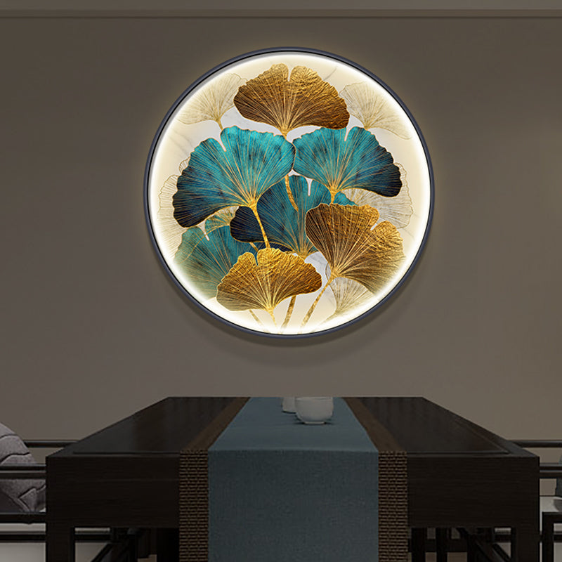 Circular Ginkgo Leave Wall Lighting Asia Style Metal LED Tearoom Wall Mural Sconce in Green/Yellow-Green Clearhalo 'Wall Lamps & Sconces' 'Wall Lights' Lighting' 1781319