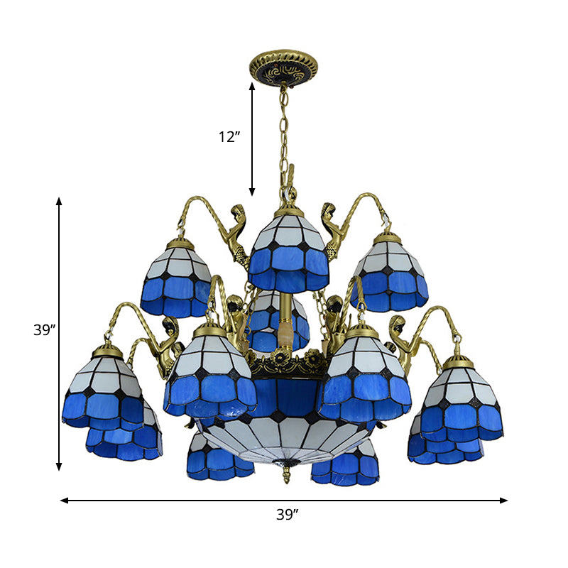 15 Lights Living Room Ceiling Lamp Tiffany Style Blue Chandelier Light with Dome Cut Glass Shade Clearhalo 'Ceiling Lights' 'Chandeliers' 'Industrial' 'Middle Century Chandeliers' 'Tiffany Chandeliers' 'Tiffany close to ceiling' 'Tiffany' Lighting' 178132