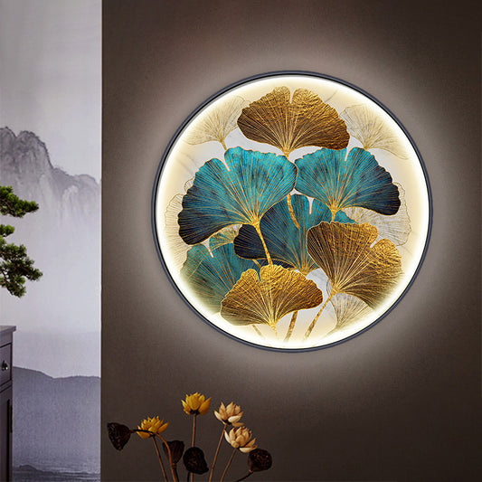 Circular Ginkgo Leave Wall Lighting Asia Style Metal LED Tearoom Wall Mural Sconce in Green/Yellow-Green Clearhalo 'Wall Lamps & Sconces' 'Wall Lights' Lighting' 1781320