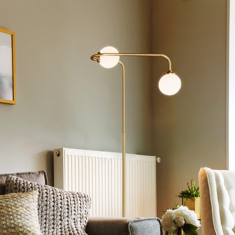 Simple Globe Floor Light Cream Glass 2-Head Living Room Standing Lighting in Brass Brass Clearhalo 'Floor Lamps' 'Lamps' Lighting' 1781323