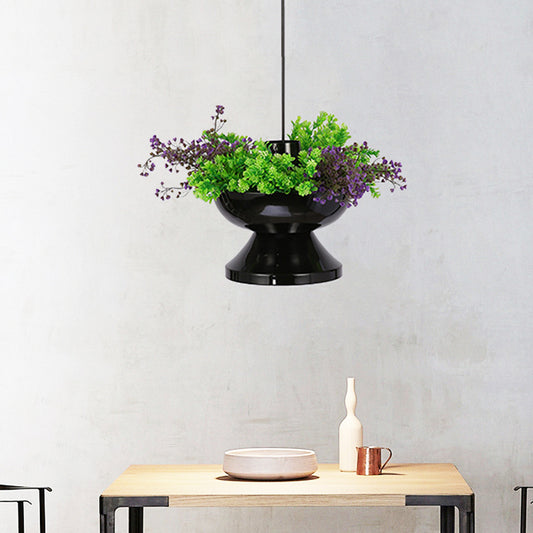 Metal Hot Pot Drop Pendant Farmhouse 1 Head Dining Room LED Hanging Ceiling Light in Black with Artificial Plant Deco Clearhalo 'Ceiling Lights' 'Pendant Lights' 'Pendants' Lighting' 1781332