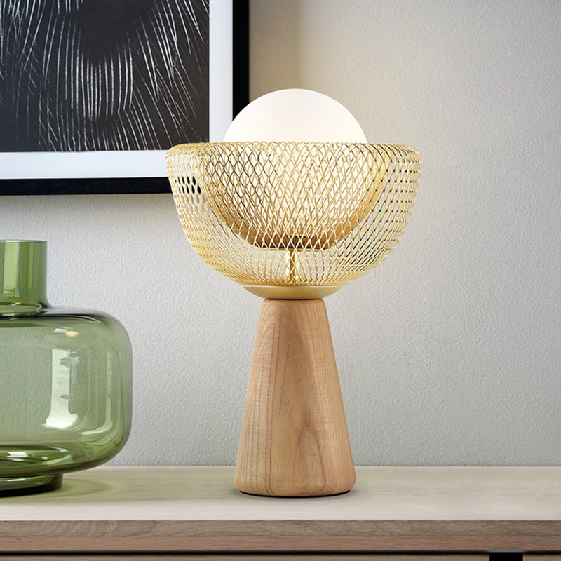 Bowl Nightstand Lighting Modernist Metal 1 Bulb Bedroom Wood Desk Light in Beige with Ball Opal Glass Shade Beige Clearhalo 'Lamps' 'Table Lamps' Lighting' 1781335