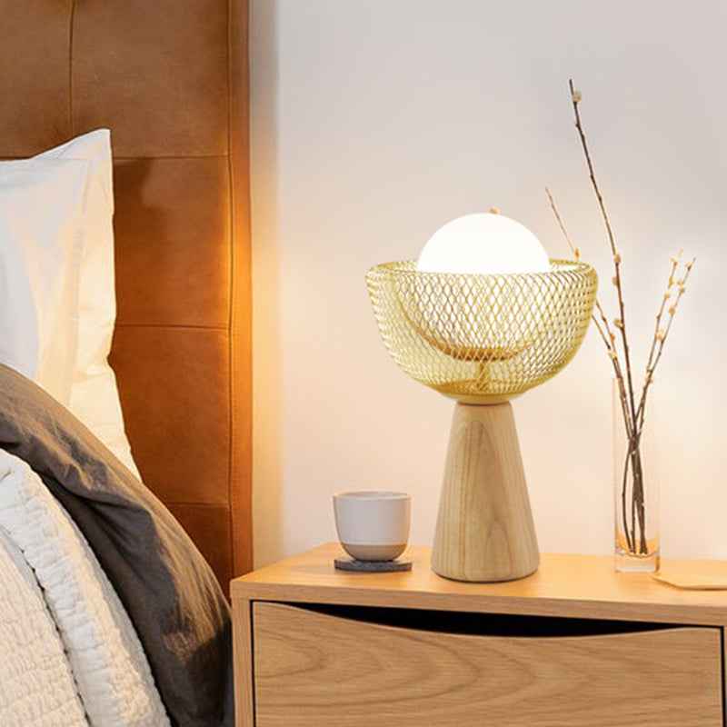 Bowl Nightstand Lighting Modernist Metal 1 Bulb Bedroom Wood Desk Light in Beige with Ball Opal Glass Shade Clearhalo 'Lamps' 'Table Lamps' Lighting' 1781336