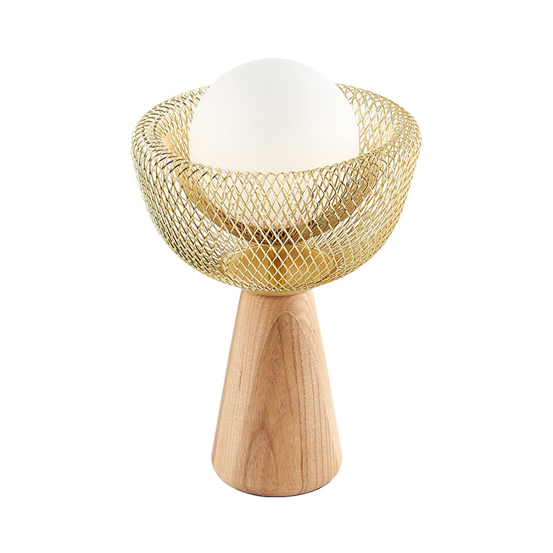 Bowl Nightstand Lighting Modernist Metal 1 Bulb Bedroom Wood Desk Light in Beige with Ball Opal Glass Shade Clearhalo 'Lamps' 'Table Lamps' Lighting' 1781337