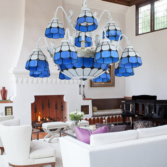 Blue Grid Patterned Pendant Light Tiffany 15 Lights Stained Glass Chandelier Lamp with Mermaid Decoration Blue Clearhalo 'Ceiling Lights' 'Chandeliers' 'Industrial' 'Middle Century Chandeliers' 'Pendant Lights' 'Tiffany Chandeliers' 'Tiffany close to ceiling' 'Tiffany' Lighting' 178134