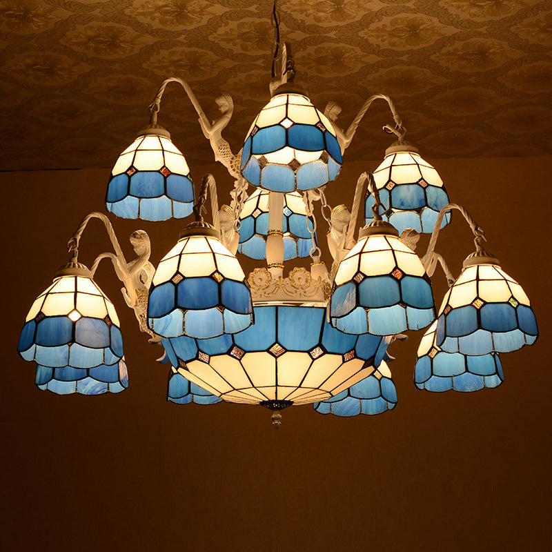 Blue Grid Patterned Pendant Light Tiffany 15 Lights Stained Glass Chandelier Lamp with Mermaid Decoration Clearhalo 'Ceiling Lights' 'Chandeliers' 'Industrial' 'Middle Century Chandeliers' 'Pendant Lights' 'Tiffany Chandeliers' 'Tiffany close to ceiling' 'Tiffany' Lighting' 178135