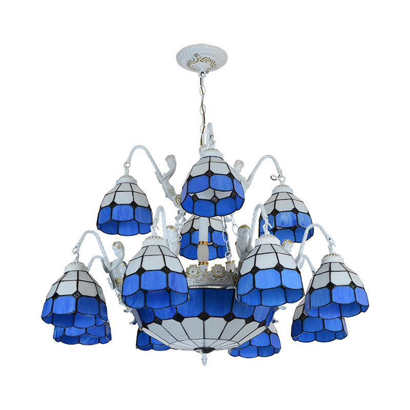 Blue Grid Patterned Pendant Light Tiffany 15 Lights Stained Glass Chandelier Lamp with Mermaid Decoration Clearhalo 'Ceiling Lights' 'Chandeliers' 'Industrial' 'Middle Century Chandeliers' 'Pendant Lights' 'Tiffany Chandeliers' 'Tiffany close to ceiling' 'Tiffany' Lighting' 178136