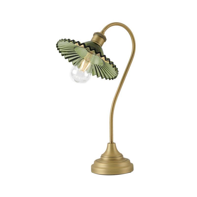 Wide Flared Table Light Simplicity Grey/Green Ribbed Glass Brass Night Lighting with Curved Arm Clearhalo 'Lamps' 'Table Lamps' Lighting' 1781394
