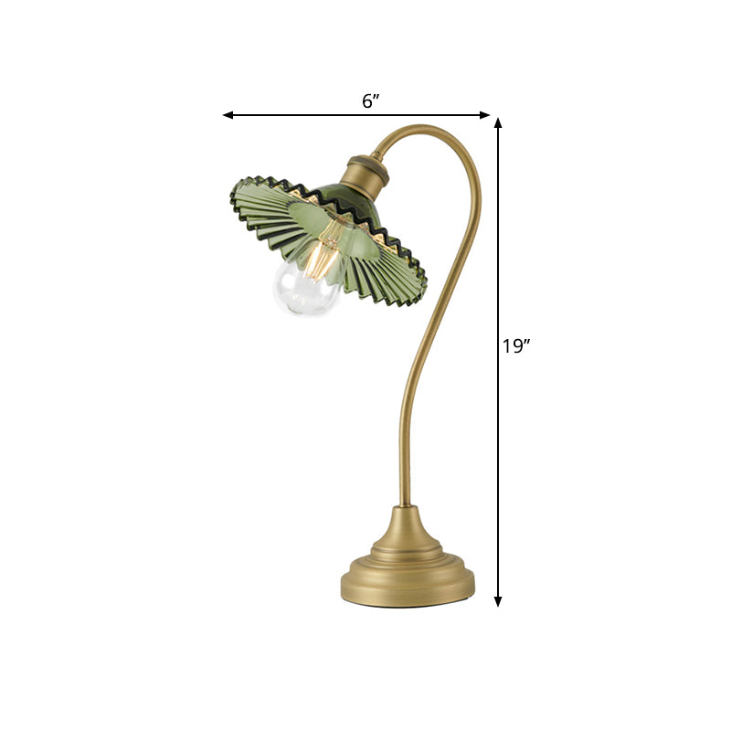 Wide Flared Table Light Simplicity Grey/Green Ribbed Glass Brass Night Lighting with Curved Arm Clearhalo 'Lamps' 'Table Lamps' Lighting' 1781395