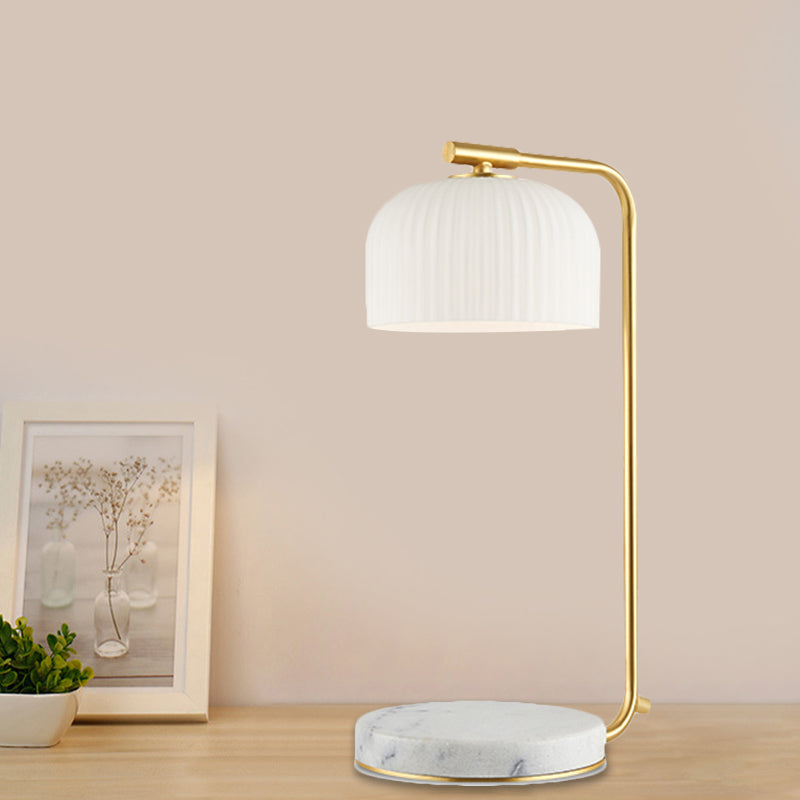 Modern Domed Nightstand Light Opal Ribbed Glass 1-Light Bedroom Desk Lamp in Brass with Marble Base Clearhalo 'Lamps' 'Table Lamps' Lighting' 1781402