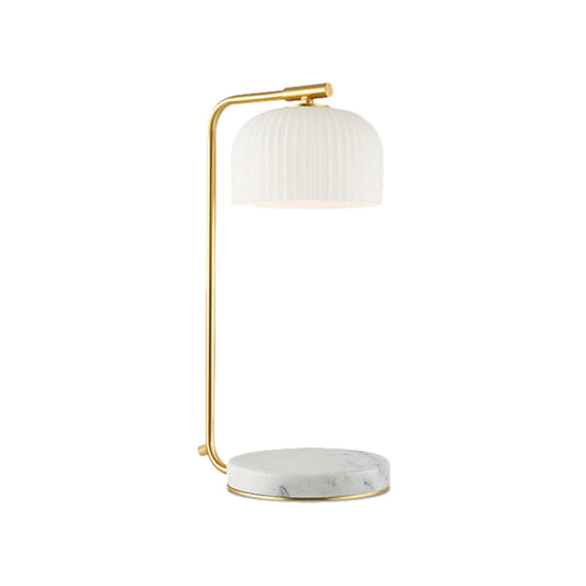 Modern Domed Nightstand Light Opal Ribbed Glass 1-Light Bedroom Desk Lamp in Brass with Marble Base Clearhalo 'Lamps' 'Table Lamps' Lighting' 1781403