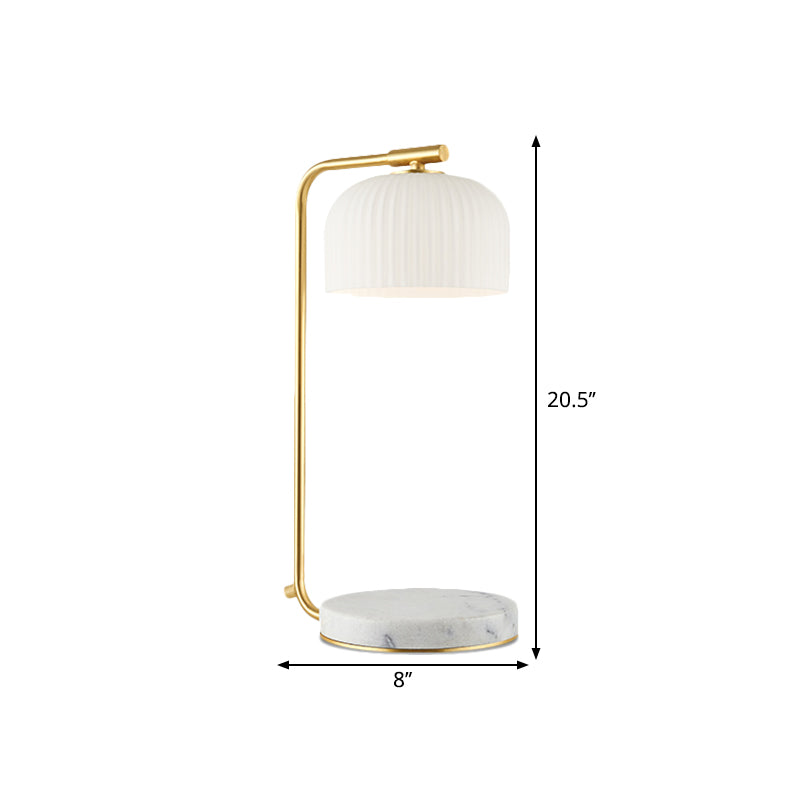Modern Domed Nightstand Light Opal Ribbed Glass 1-Light Bedroom Desk Lamp in Brass with Marble Base Clearhalo 'Lamps' 'Table Lamps' Lighting' 1781404