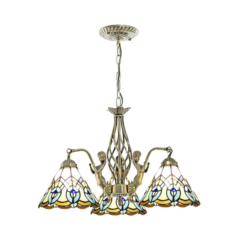 Cone Stained Glass Chandelier Lighting Tiffany 3 Lights White Ceiling Lamp with Mermaid Deco Clearhalo 'Ceiling Lights' 'Chandeliers' 'Industrial' 'Middle Century Chandeliers' 'Tiffany Chandeliers' 'Tiffany close to ceiling' 'Tiffany' Lighting' 178141