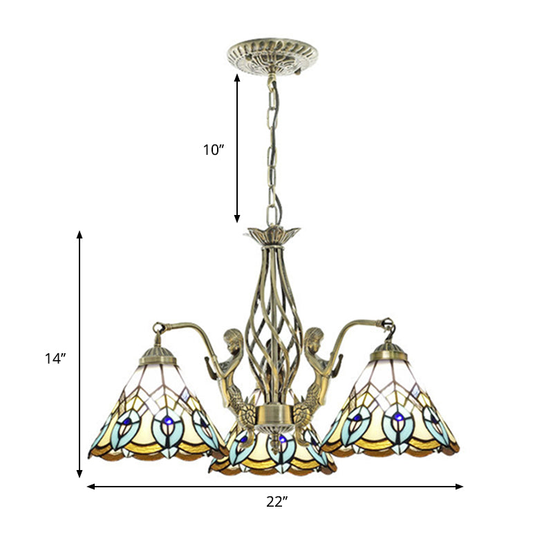 Cone Stained Glass Chandelier Lighting Tiffany 3 Lights White Ceiling Lamp with Mermaid Deco Clearhalo 'Ceiling Lights' 'Chandeliers' 'Industrial' 'Middle Century Chandeliers' 'Tiffany Chandeliers' 'Tiffany close to ceiling' 'Tiffany' Lighting' 178142