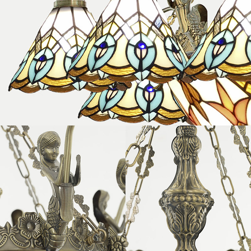 Cone Stained Glass Chandelier Lighting Tiffany 3 Lights White Ceiling Lamp with Mermaid Deco Clearhalo 'Ceiling Lights' 'Chandeliers' 'Industrial' 'Middle Century Chandeliers' 'Tiffany Chandeliers' 'Tiffany close to ceiling' 'Tiffany' Lighting' 178143