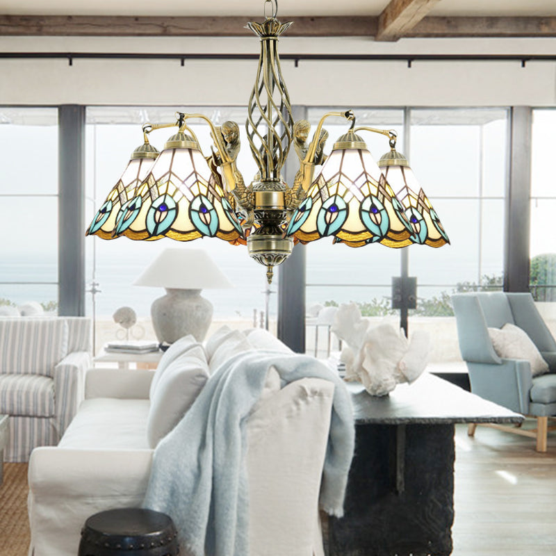 5 Lights Hanging Chandelier Tiffany Peacock Stained Glass Pendant Light Fixture in White White Clearhalo 'Ceiling Lights' 'Chandeliers' 'Industrial' 'Middle Century Chandeliers' 'Pendant Lights' 'Tiffany Chandeliers' 'Tiffany close to ceiling' 'Tiffany' Lighting' 178144