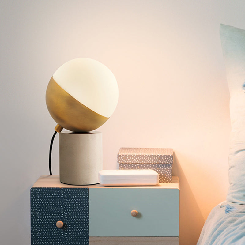 Gold Sphere Nightstand Lamp Simple 1 Light Cream Glass Table Light with Cylinder Marble Base Clearhalo 'Lamps' 'Table Lamps' Lighting' 1781448