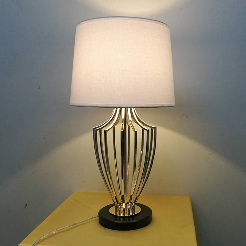 Minimal Barrel Night Table Lamp Fabric 11"/14" W 1 Head Bedroom Desk Lighting in Black/White with Urn Cage Base White Clearhalo 'Lamps' 'Table Lamps' Lighting' 1781484