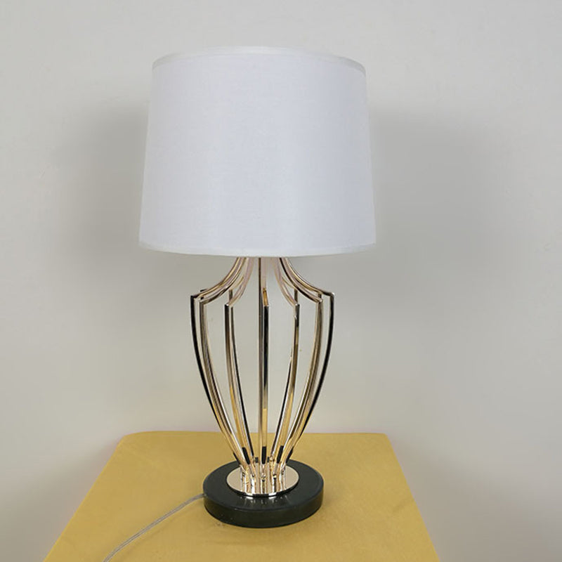 Minimal Barrel Night Table Lamp Fabric 11"/14" W 1 Head Bedroom Desk Lighting in Black/White with Urn Cage Base Clearhalo 'Lamps' 'Table Lamps' Lighting' 1781485