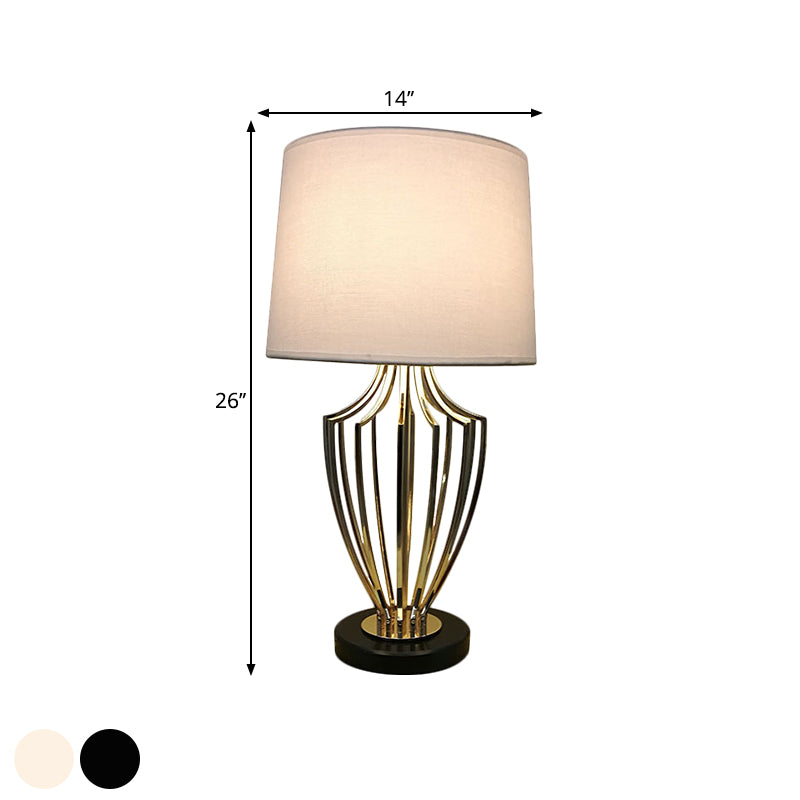 Minimal Barrel Night Table Lamp Fabric 11"/14" W 1 Head Bedroom Desk Lighting in Black/White with Urn Cage Base Clearhalo 'Lamps' 'Table Lamps' Lighting' 1781488