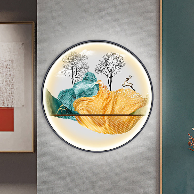 Yellow/Green Circle Wall Light Fixture Asian Style LED Fabric Wall Mural Mount Lamp with Landscape Pattern Yellow A Clearhalo 'Wall Lamps & Sconces' 'Wall Lights' Lighting' 1781526