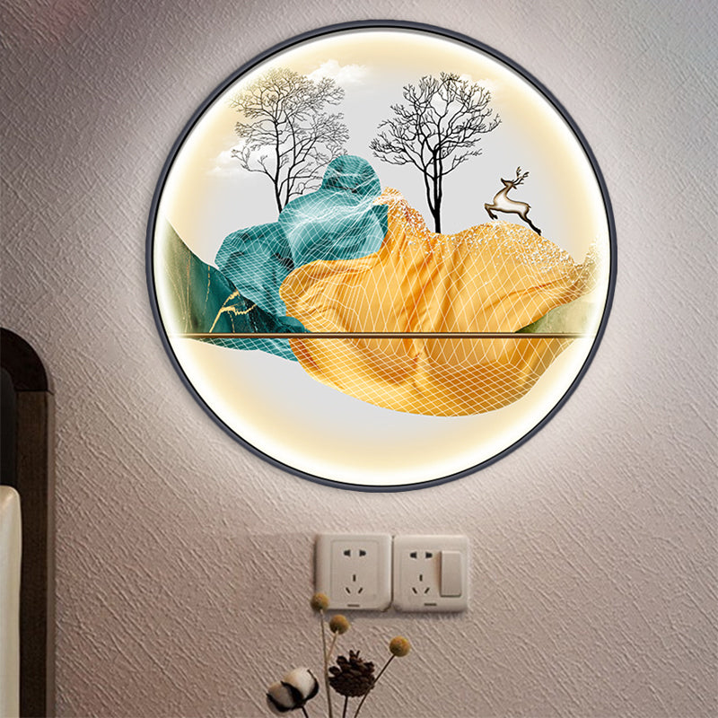 Yellow/Green Circle Wall Light Fixture Asian Style LED Fabric Wall Mural Mount Lamp with Landscape Pattern Clearhalo 'Wall Lamps & Sconces' 'Wall Lights' Lighting' 1781527