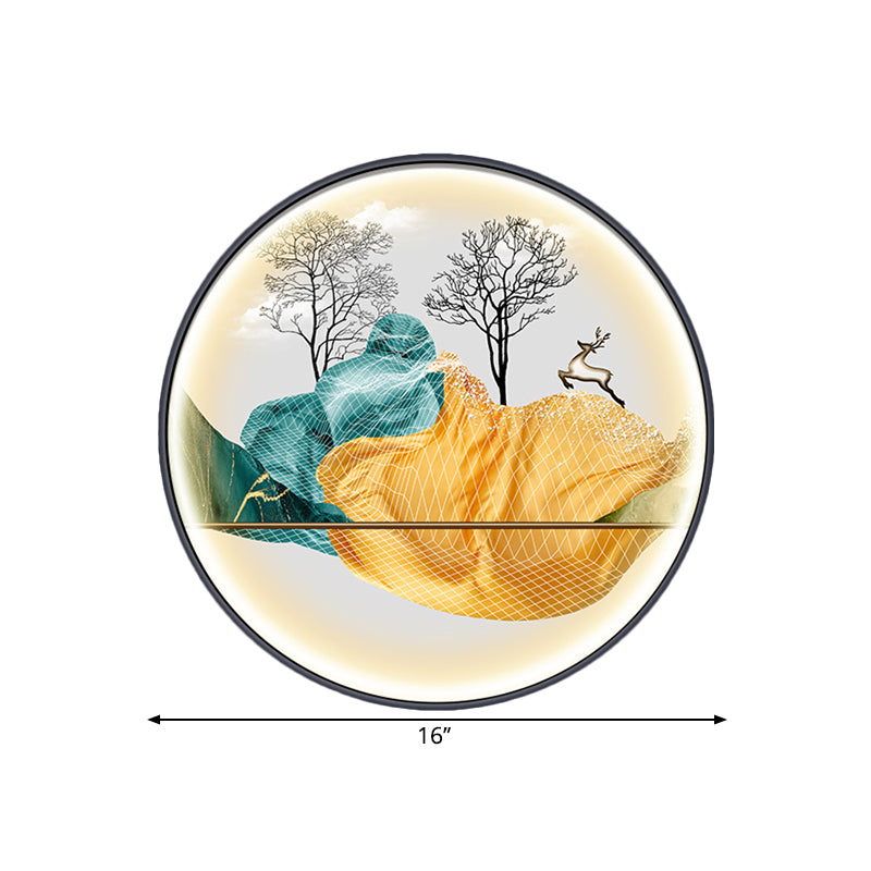 Yellow/Green Circle Wall Light Fixture Asian Style LED Fabric Wall Mural Mount Lamp with Landscape Pattern Clearhalo 'Wall Lamps & Sconces' 'Wall Lights' Lighting' 1781529