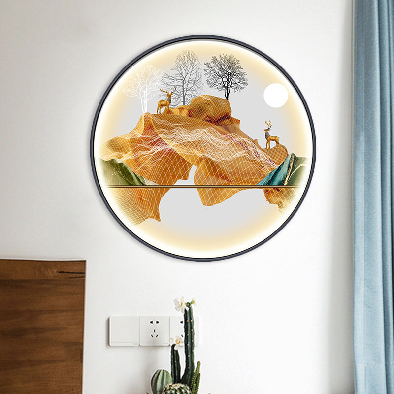 Yellow/Green Circle Wall Light Fixture Asian Style LED Fabric Wall Mural Mount Lamp with Landscape Pattern Yellow B Clearhalo 'Wall Lamps & Sconces' 'Wall Lights' Lighting' 1781530