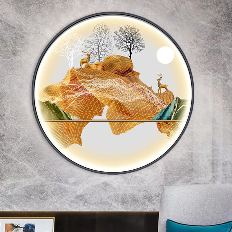 Yellow/Green Circle Wall Light Fixture Asian Style LED Fabric Wall Mural Mount Lamp with Landscape Pattern Clearhalo 'Wall Lamps & Sconces' 'Wall Lights' Lighting' 1781531