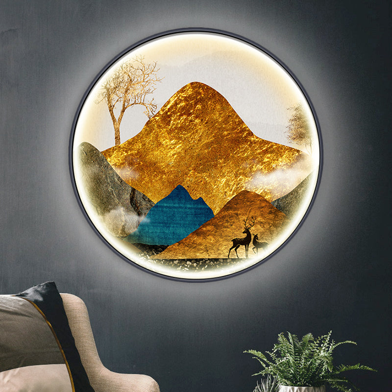 Yellow/Green Circle Wall Light Fixture Asian Style LED Fabric Wall Mural Mount Lamp with Landscape Pattern Yellow C Clearhalo 'Wall Lamps & Sconces' 'Wall Lights' Lighting' 1781535