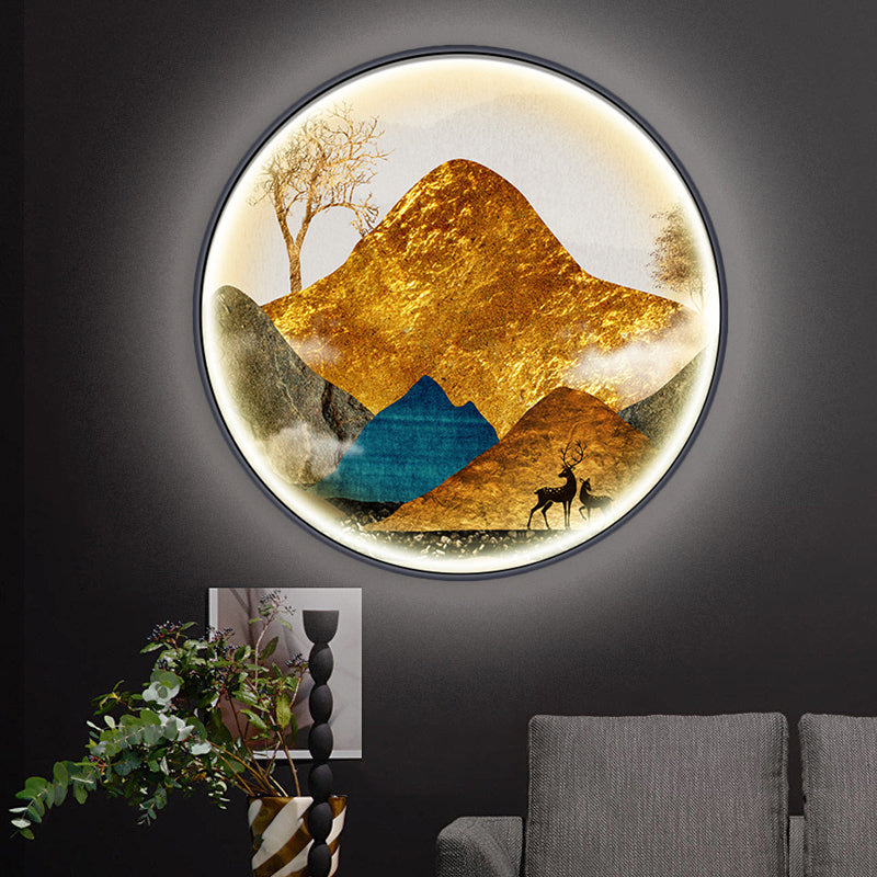 Yellow/Green Circle Wall Light Fixture Asian Style LED Fabric Wall Mural Mount Lamp with Landscape Pattern Clearhalo 'Wall Lamps & Sconces' 'Wall Lights' Lighting' 1781537