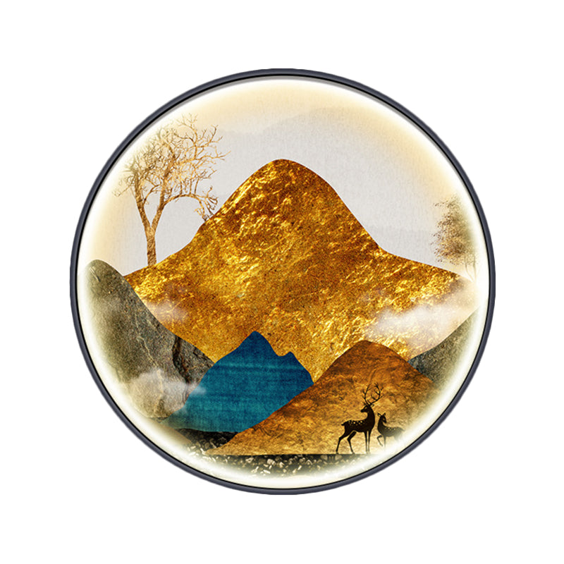 Yellow/Green Circle Wall Light Fixture Asian Style LED Fabric Wall Mural Mount Lamp with Landscape Pattern Clearhalo 'Wall Lamps & Sconces' 'Wall Lights' Lighting' 1781538