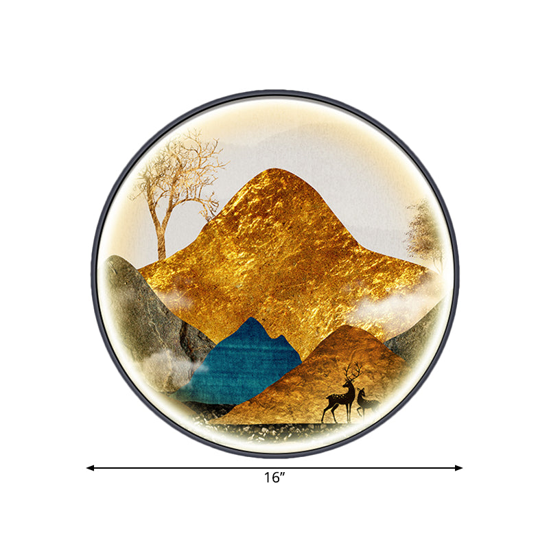 Yellow/Green Circle Wall Light Fixture Asian Style LED Fabric Wall Mural Mount Lamp with Landscape Pattern Clearhalo 'Wall Lamps & Sconces' 'Wall Lights' Lighting' 1781539