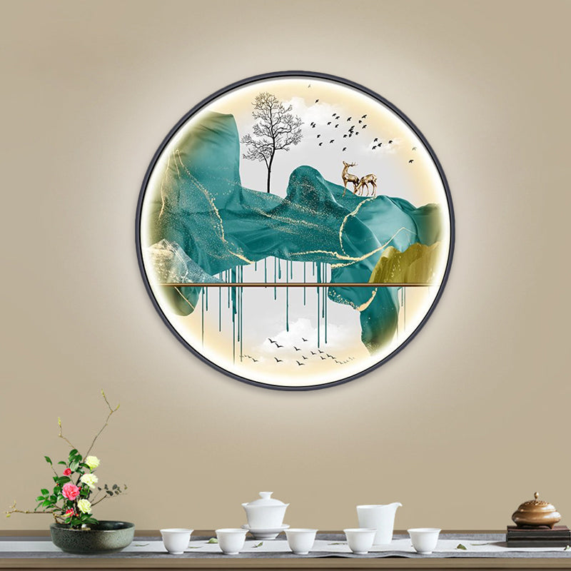 Yellow/Green Circle Wall Light Fixture Asian Style LED Fabric Wall Mural Mount Lamp with Landscape Pattern Green A Clearhalo 'Wall Lamps & Sconces' 'Wall Lights' Lighting' 1781540