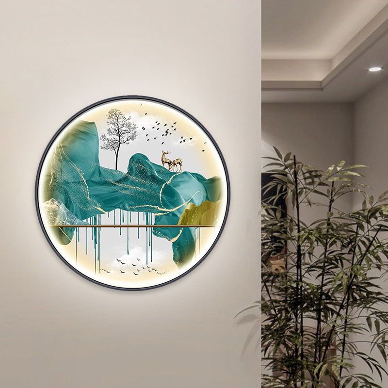 Yellow/Green Circle Wall Light Fixture Asian Style LED Fabric Wall Mural Mount Lamp with Landscape Pattern Clearhalo 'Wall Lamps & Sconces' 'Wall Lights' Lighting' 1781541