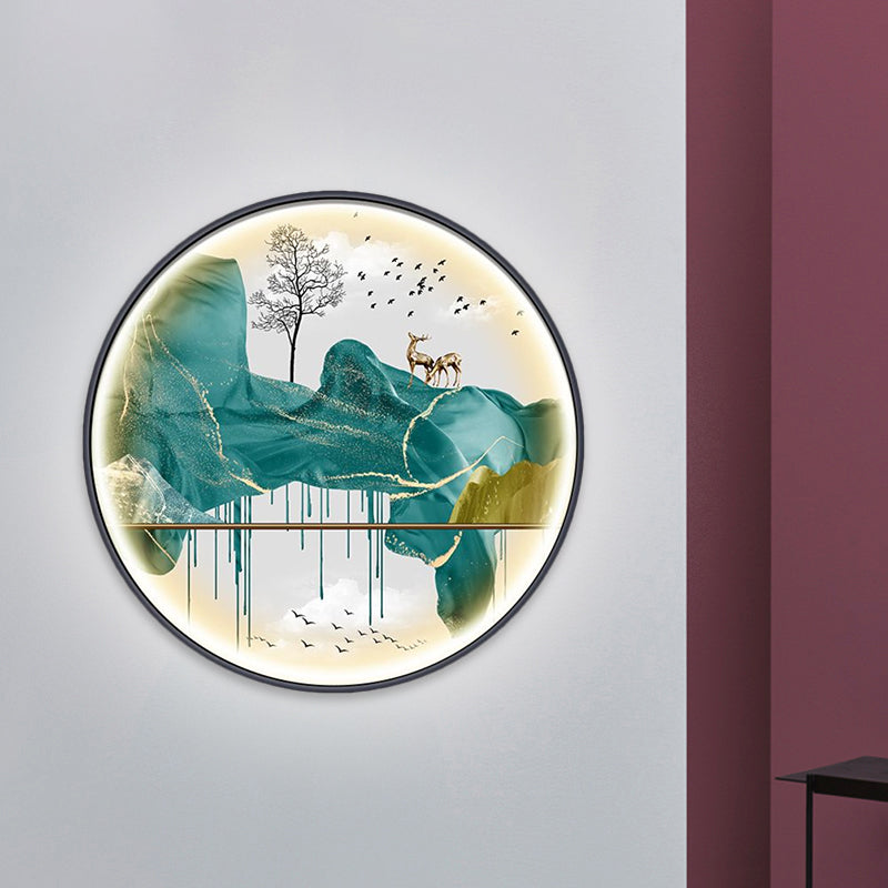 Yellow/Green Circle Wall Light Fixture Asian Style LED Fabric Wall Mural Mount Lamp with Landscape Pattern Clearhalo 'Wall Lamps & Sconces' 'Wall Lights' Lighting' 1781542