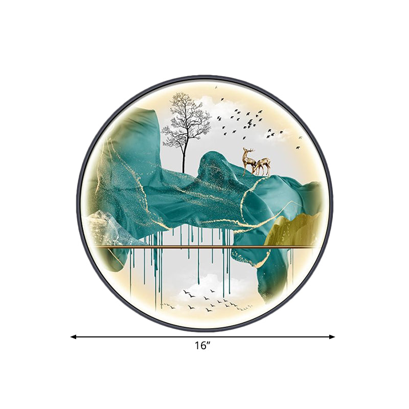 Yellow/Green Circle Wall Light Fixture Asian Style LED Fabric Wall Mural Mount Lamp with Landscape Pattern Clearhalo 'Wall Lamps & Sconces' 'Wall Lights' Lighting' 1781544