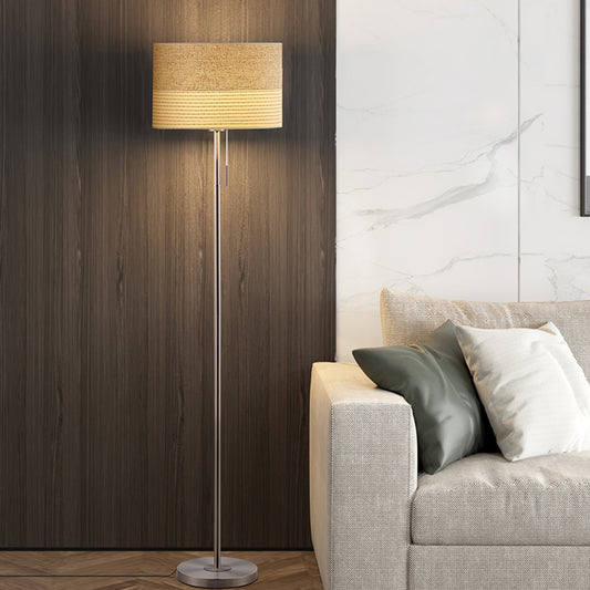 Beige Cylinder Floor Standing Lamp Minimal Fabric 1 Light Fabric Reading Floor Light with Pull Chain Clearhalo 'Floor Lamps' 'Lamps' Lighting' 1781546