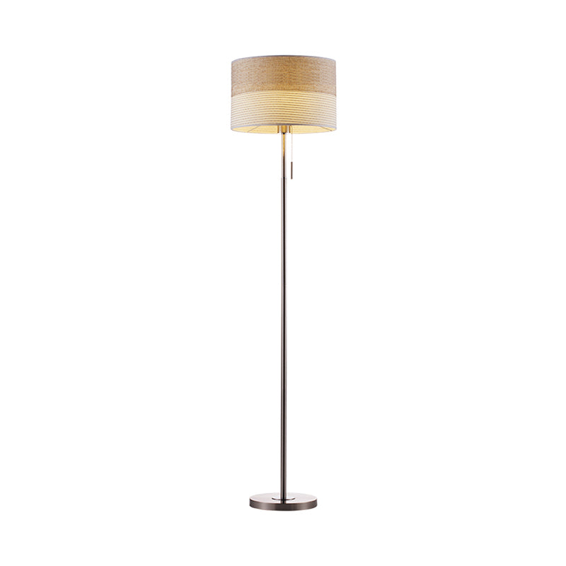 Beige Cylinder Floor Standing Lamp Minimal Fabric 1 Light Fabric Reading Floor Light with Pull Chain Clearhalo 'Floor Lamps' 'Lamps' Lighting' 1781547