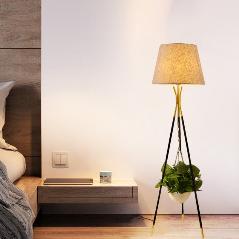 Fabric Black/White/Flaxen Standing Lamp Drum Shade 1-Light Warehouse Floor Reading Lighting with Tripod Base Clearhalo 'Floor Lamps' 'Lamps' Lighting' 1781562