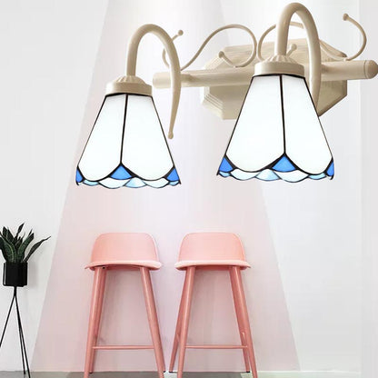 Traditional Cone Wall Lighting with Curved Arm White Glass 2/3 Lights Sconce Lighting for Bathroom 2.0 White Clearhalo 'Industrial' 'Middle century wall lights' 'Tiffany wall lights' 'Tiffany' 'Wall Lamps & Sconces' 'Wall Lights' Lighting' 178157