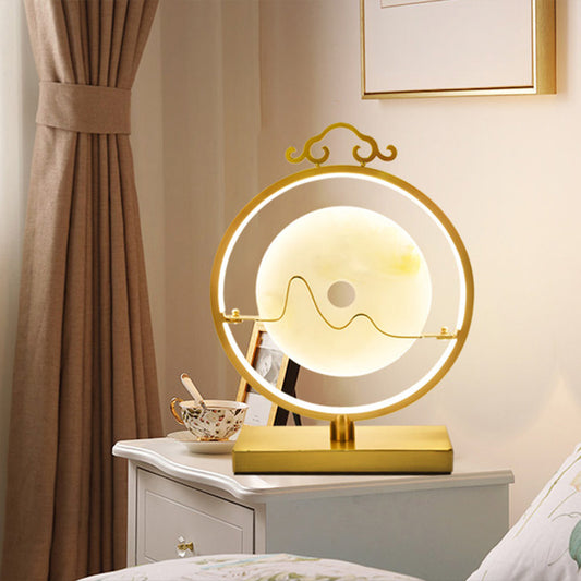 Loop Night Table Lamp Simple Metal 11"/12" W LED Bedroom Night Lighting in Brass with Round Jade Deco Brass Clearhalo 'Lamps' 'Table Lamps' Lighting' 1781580