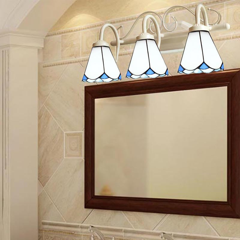 Traditional Cone Wall Lighting with Curved Arm White Glass 2/3 Lights Sconce Lighting for Bathroom 3.0 White Clearhalo 'Industrial' 'Middle century wall lights' 'Tiffany wall lights' 'Tiffany' 'Wall Lamps & Sconces' 'Wall Lights' Lighting' 178161