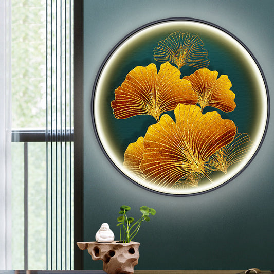 Asian Round Wall Mural Mount Lamp Fabric LED Corridor Wall Sconce Light with Ginkgo Leaf Pattern in Yellow/Yellow-Green Clearhalo 'Wall Lamps & Sconces' 'Wall Lights' Lighting' 1781650