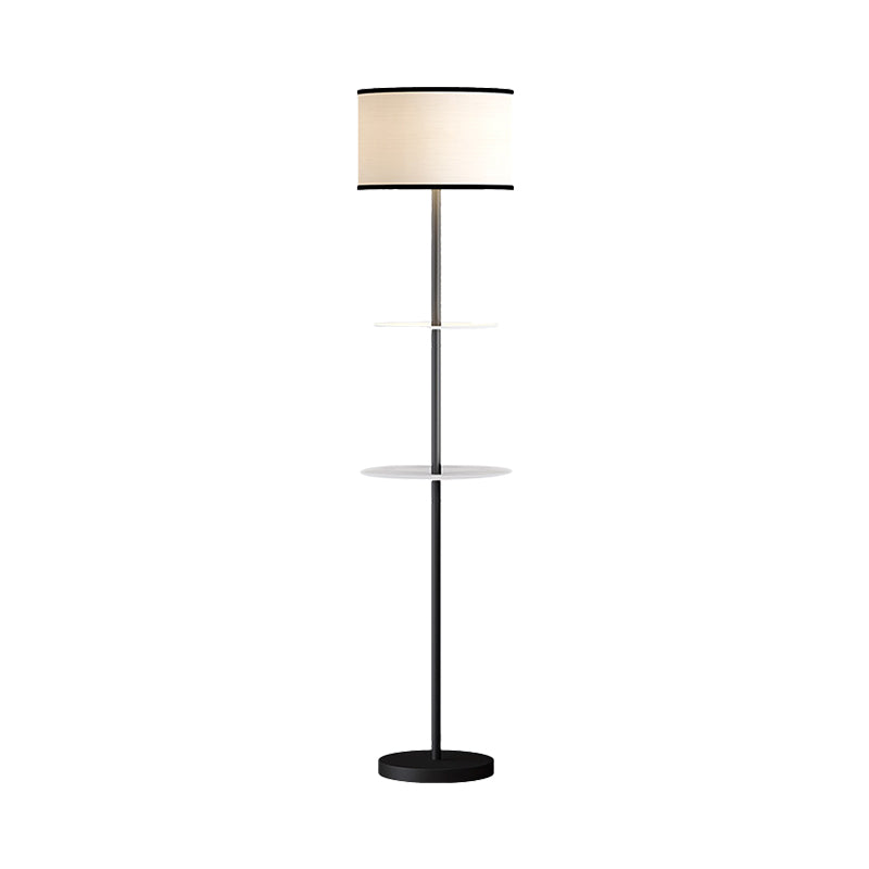 Modernity 1-Bulb Shelves Standing Light Black Cylinder Floor Lighting with Fabric Shade and Shelves Clearhalo 'Floor Lamps' 'Lamps' Lighting' 1781655