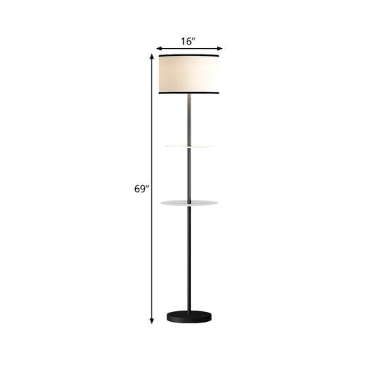 Modernity 1-Bulb Shelves Standing Light Black Cylinder Floor Lighting with Fabric Shade and Shelves Clearhalo 'Floor Lamps' 'Lamps' Lighting' 1781656