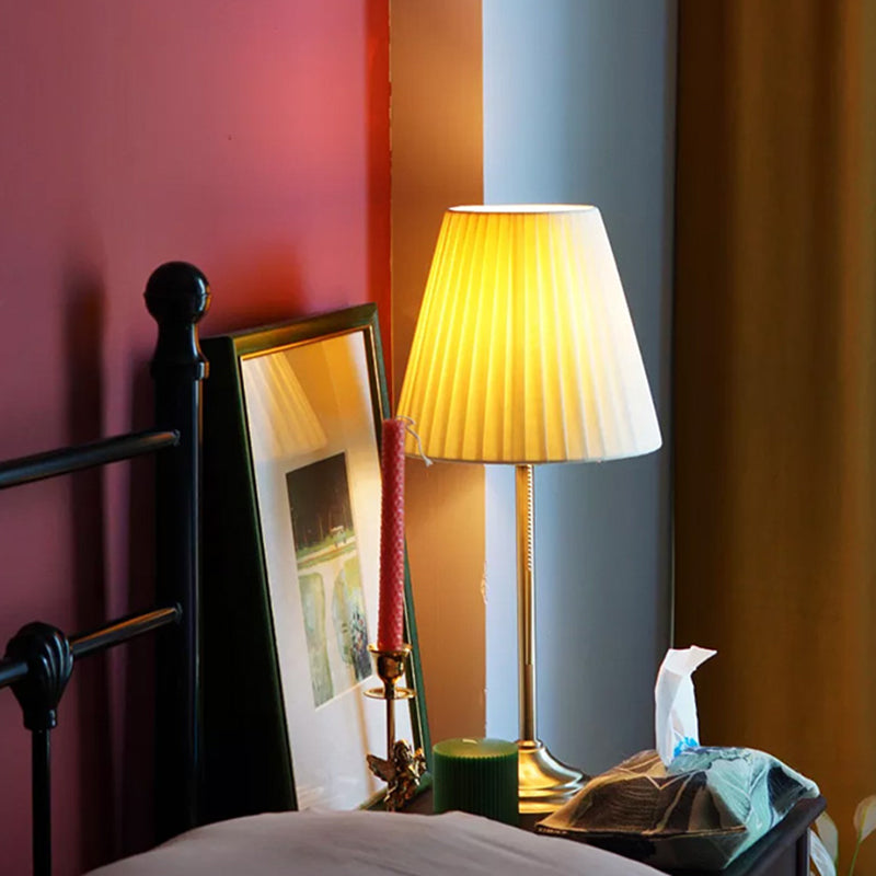 Modern Conic Night Lamp Pleated Fabric 1-Light Bedroom Metallic Table Light in Beige/Red with Pull Chain Clearhalo 'Lamps' 'Table Lamps' Lighting' 1781739