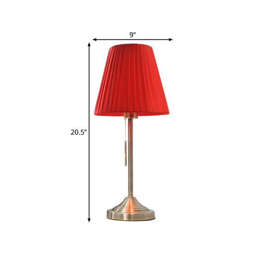 Modern Conic Night Lamp Pleated Fabric 1-Light Bedroom Metallic Table Light in Beige/Red with Pull Chain Clearhalo 'Lamps' 'Table Lamps' Lighting' 1781746